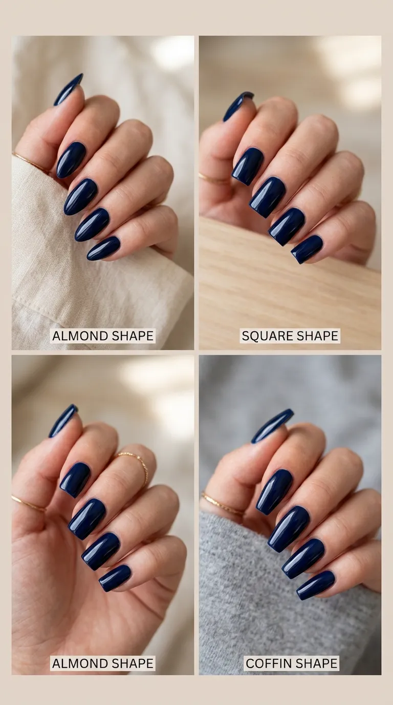Midnight blue nails on different nail shapes