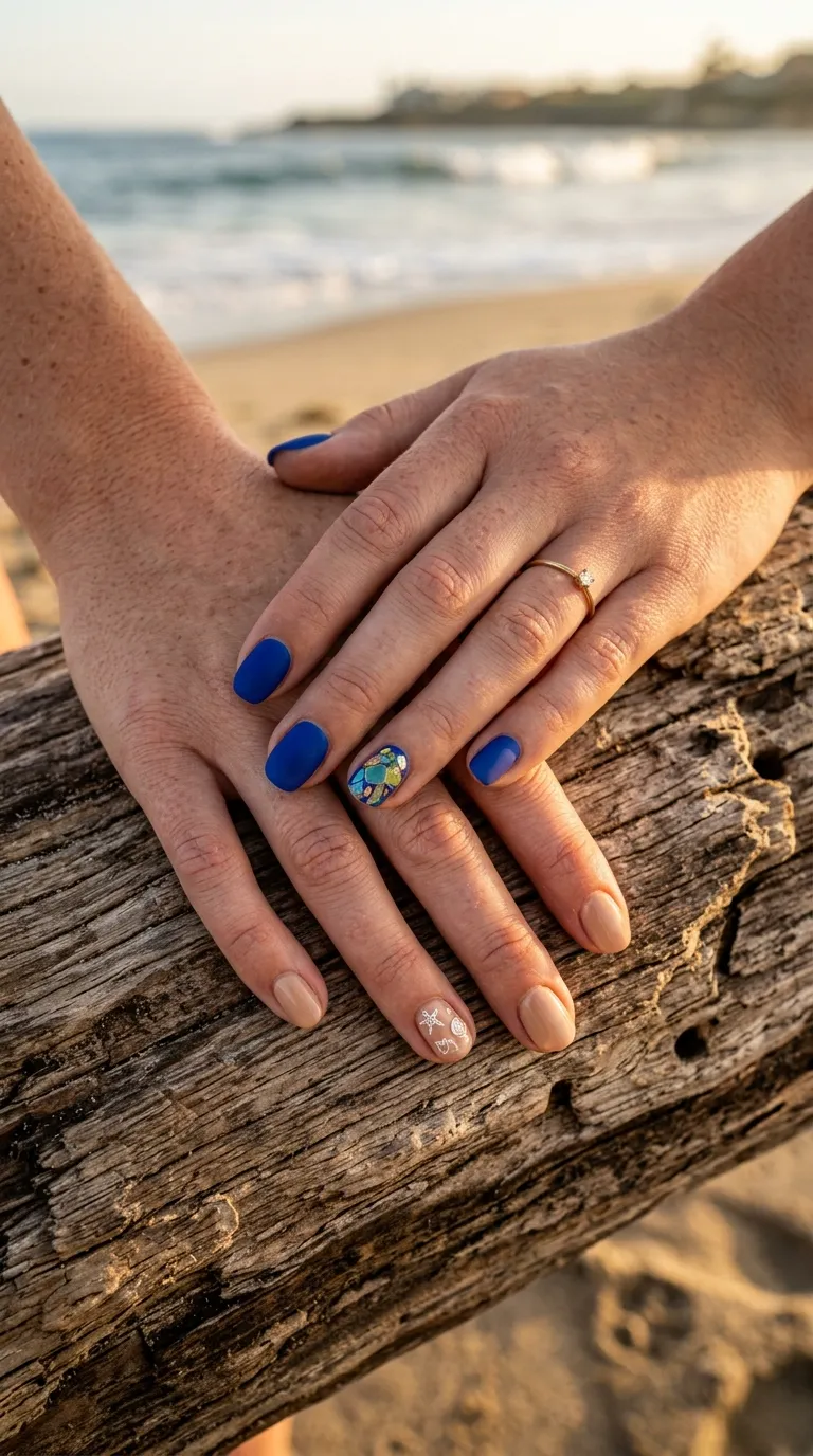 Two hands with different surfside nails resting on driftwood