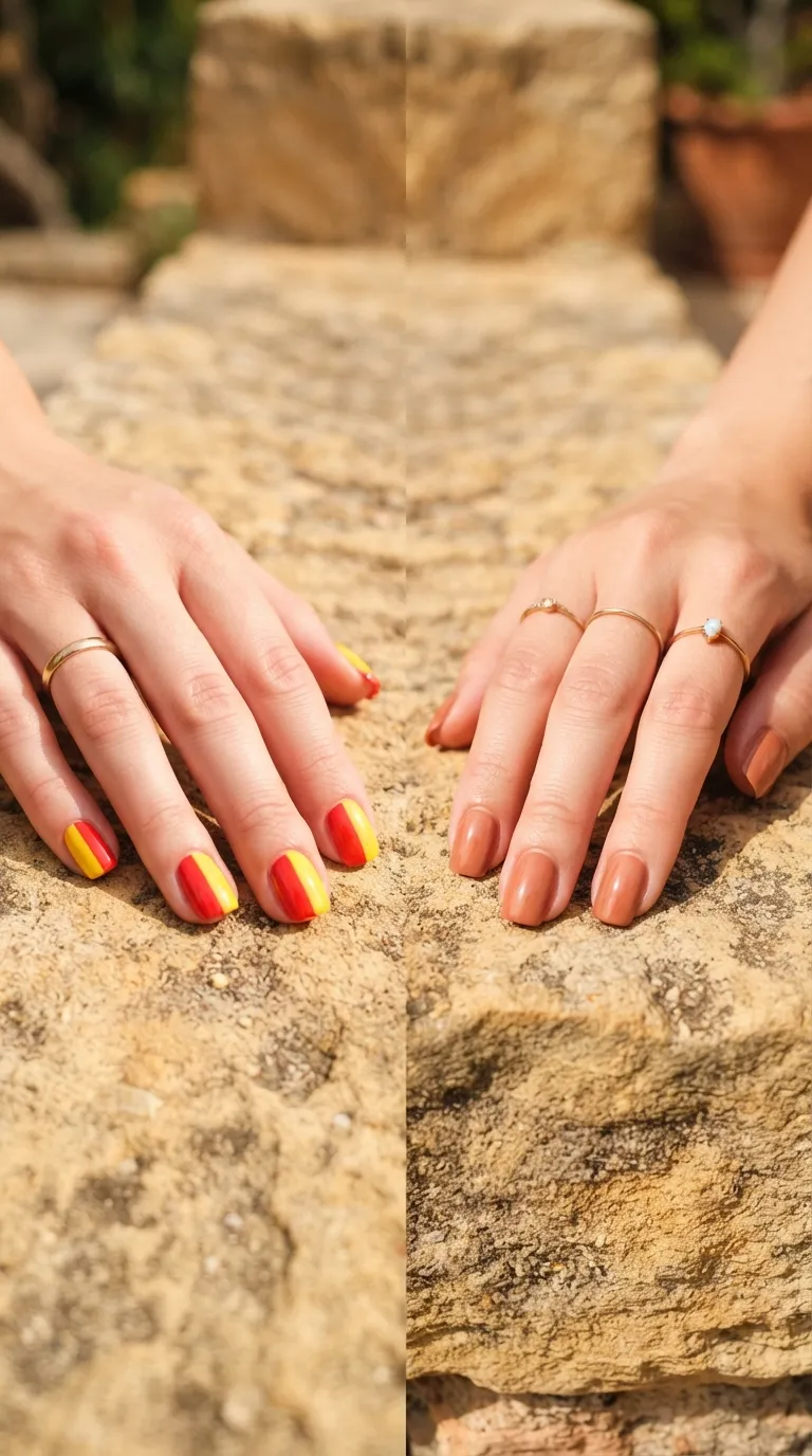 Spain nails hero: red-yellow World Cup nails and terracotta Mediterranean nails