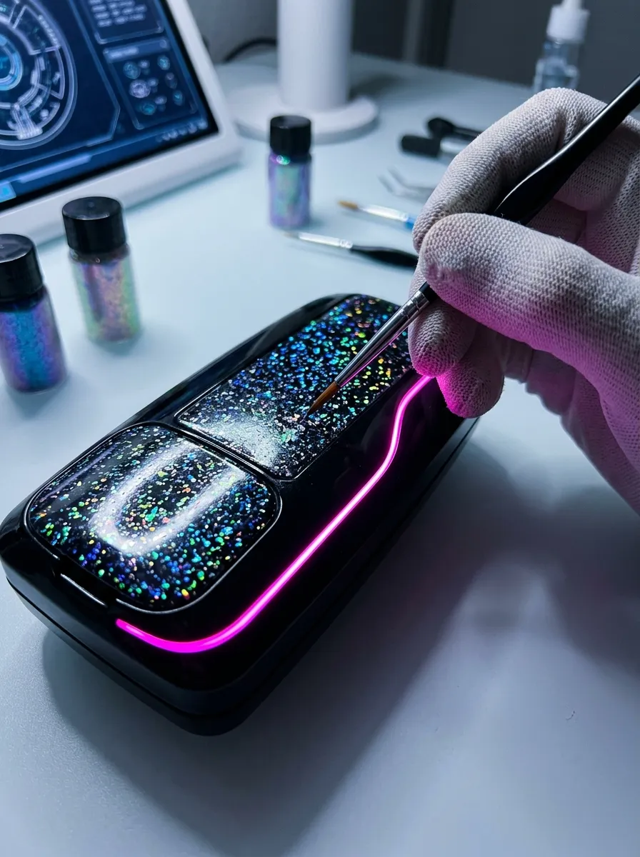 holographic flecks neon accent alien core nail detail