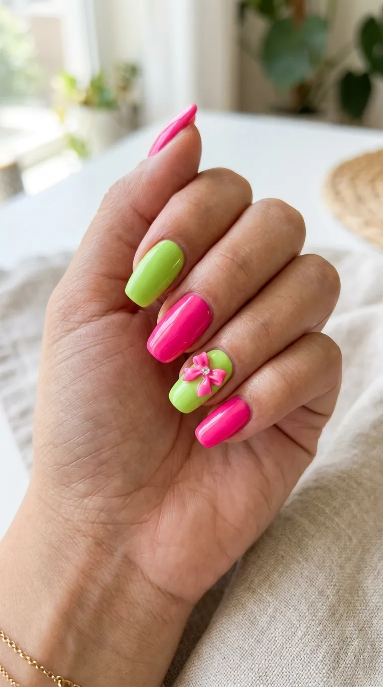 Hot pink and lime green color block tropicoqueta nails