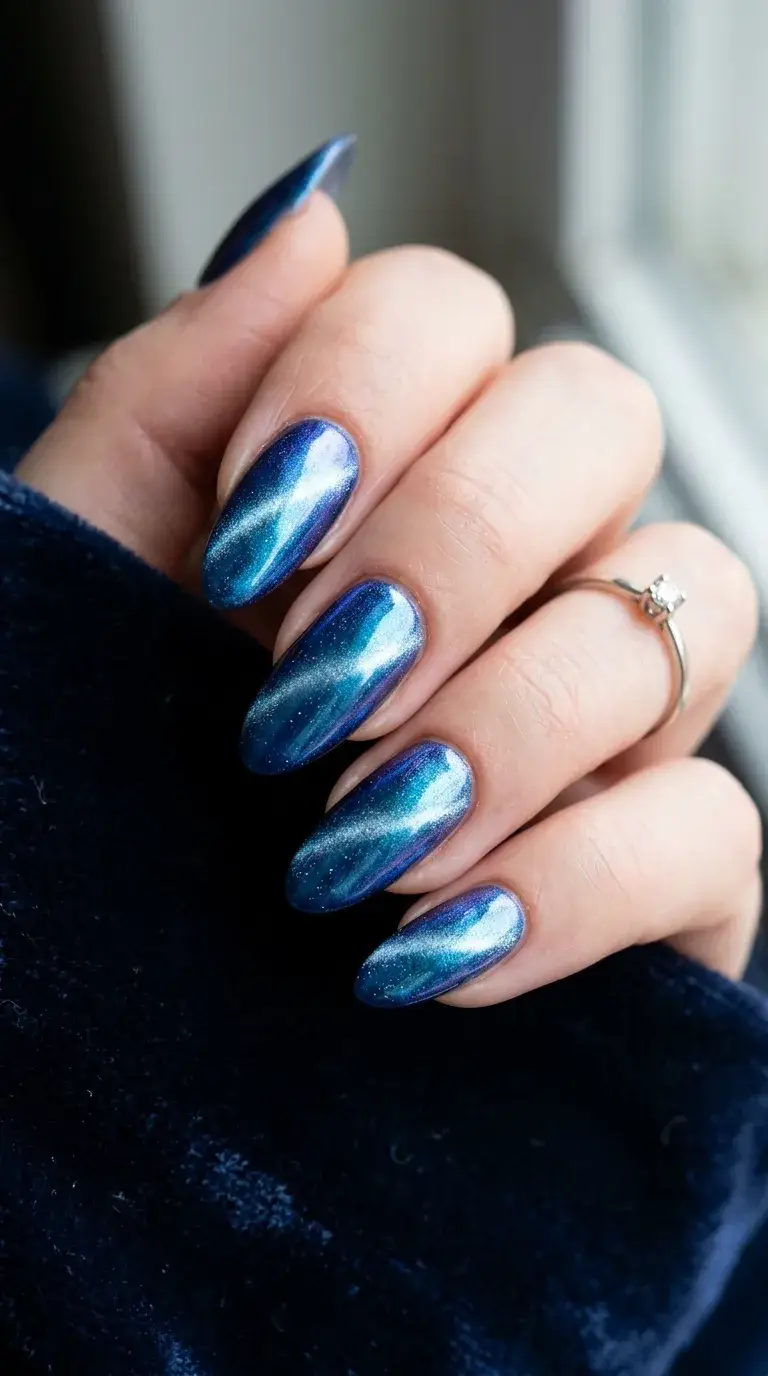 Icy blue cat eye chrome shimmer nails