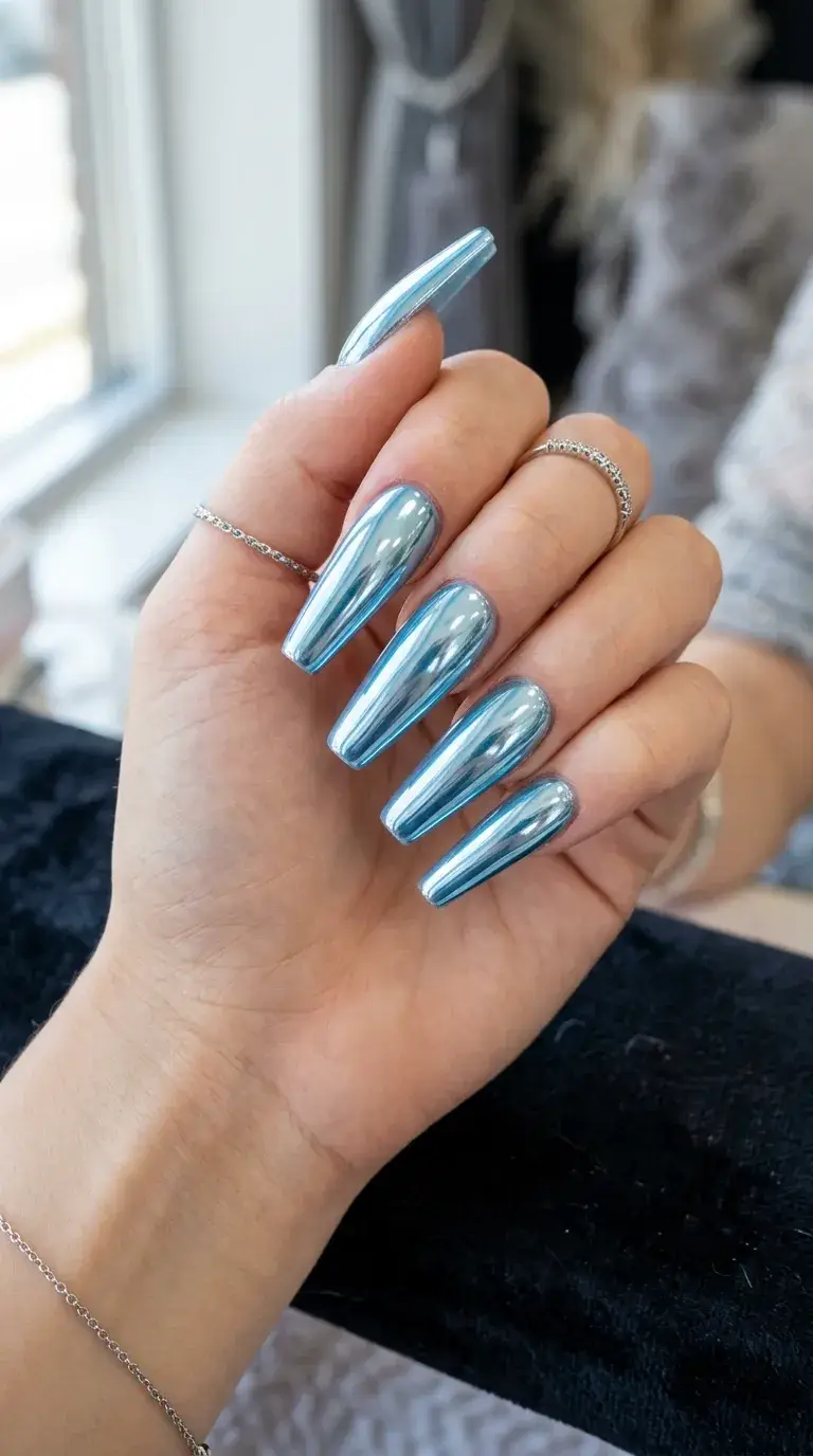 Icy blue chrome coffin nails
