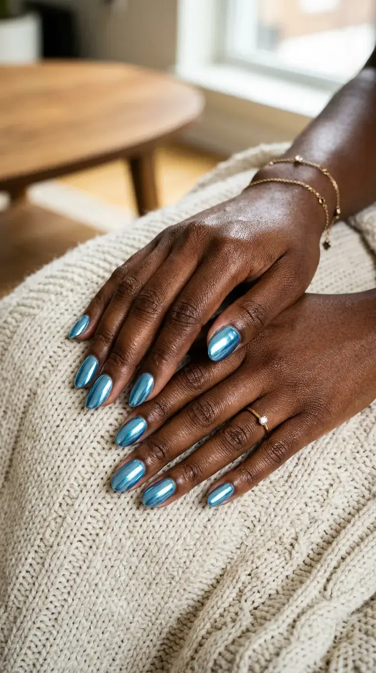 Classic icy blue mirror chrome nails