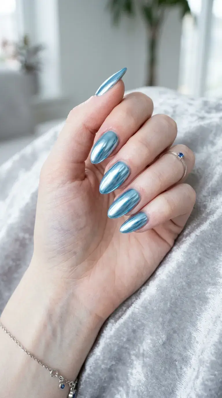 Icy blue chrome nails with mirror finish