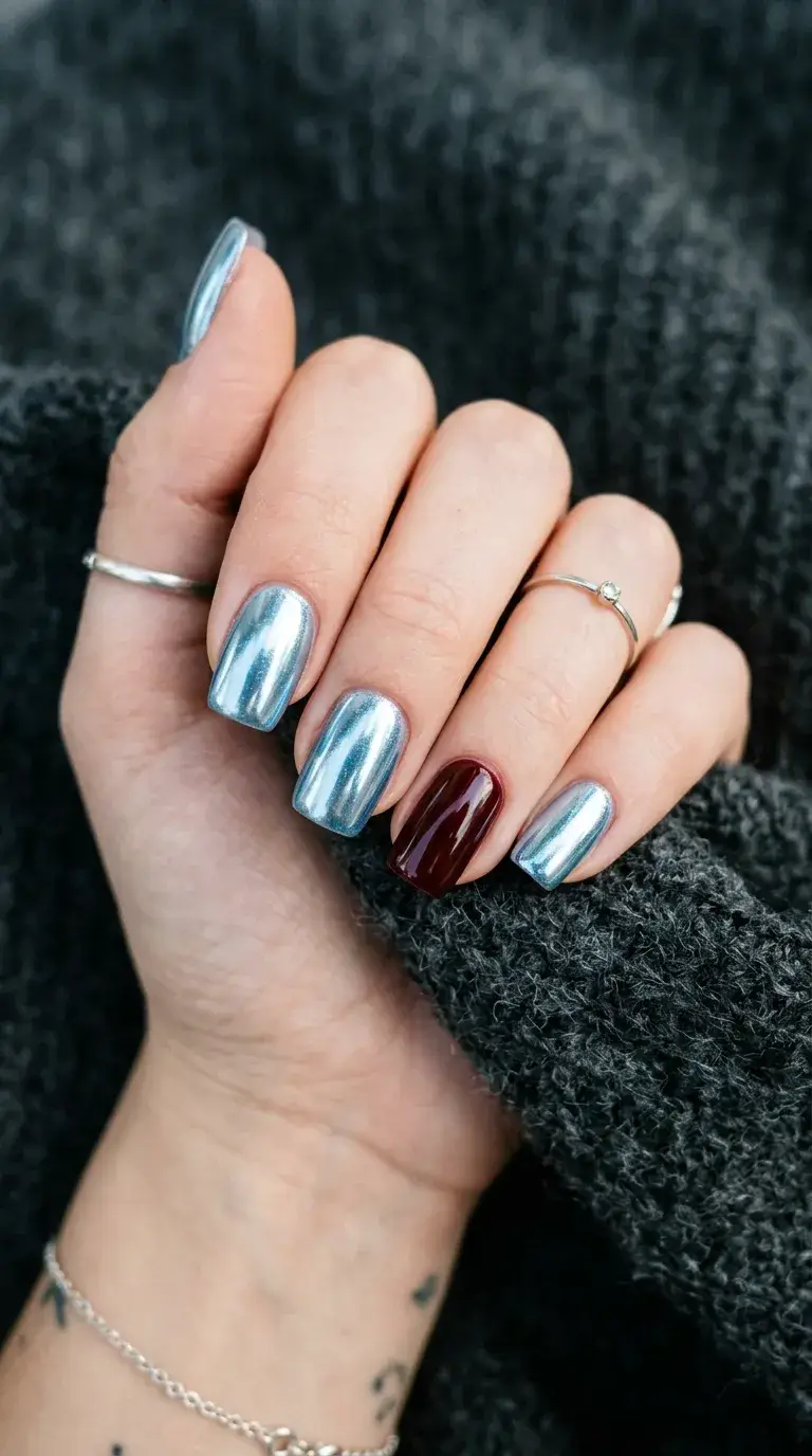Icy blue chrome nails with oxblood accent nail