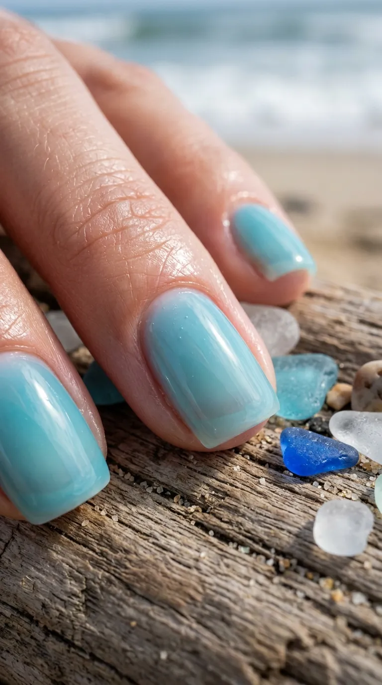 Sea-glass blue jelly finish nails with visible translucency