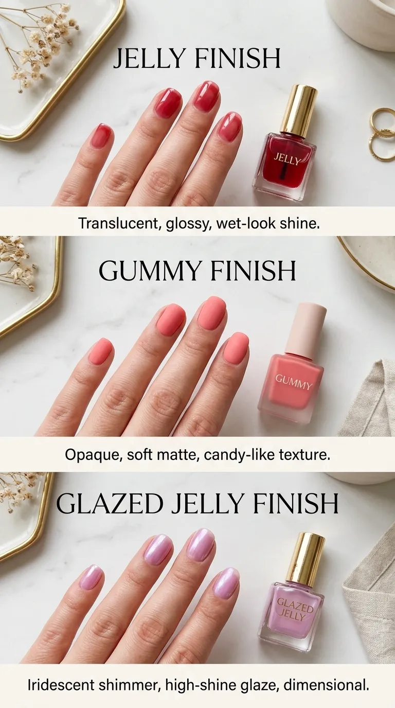 Jelly versus gummy versus glazed nail finish comparison