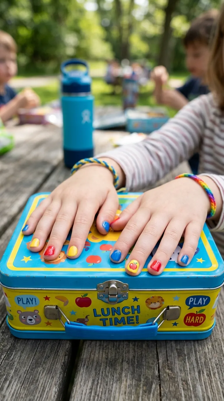 Playful apple accent back to school nails for kids