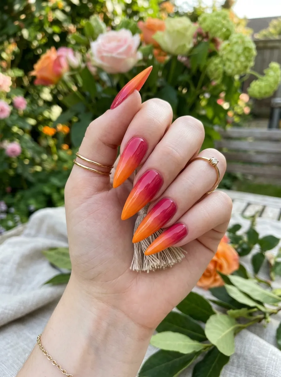 long ombre syrup nails raspberry tangerine gradient