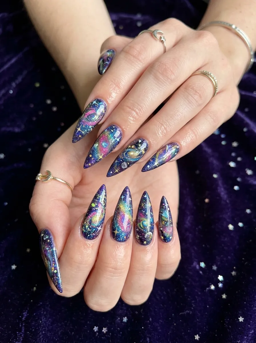long stiletto alien core nails cosmic effect