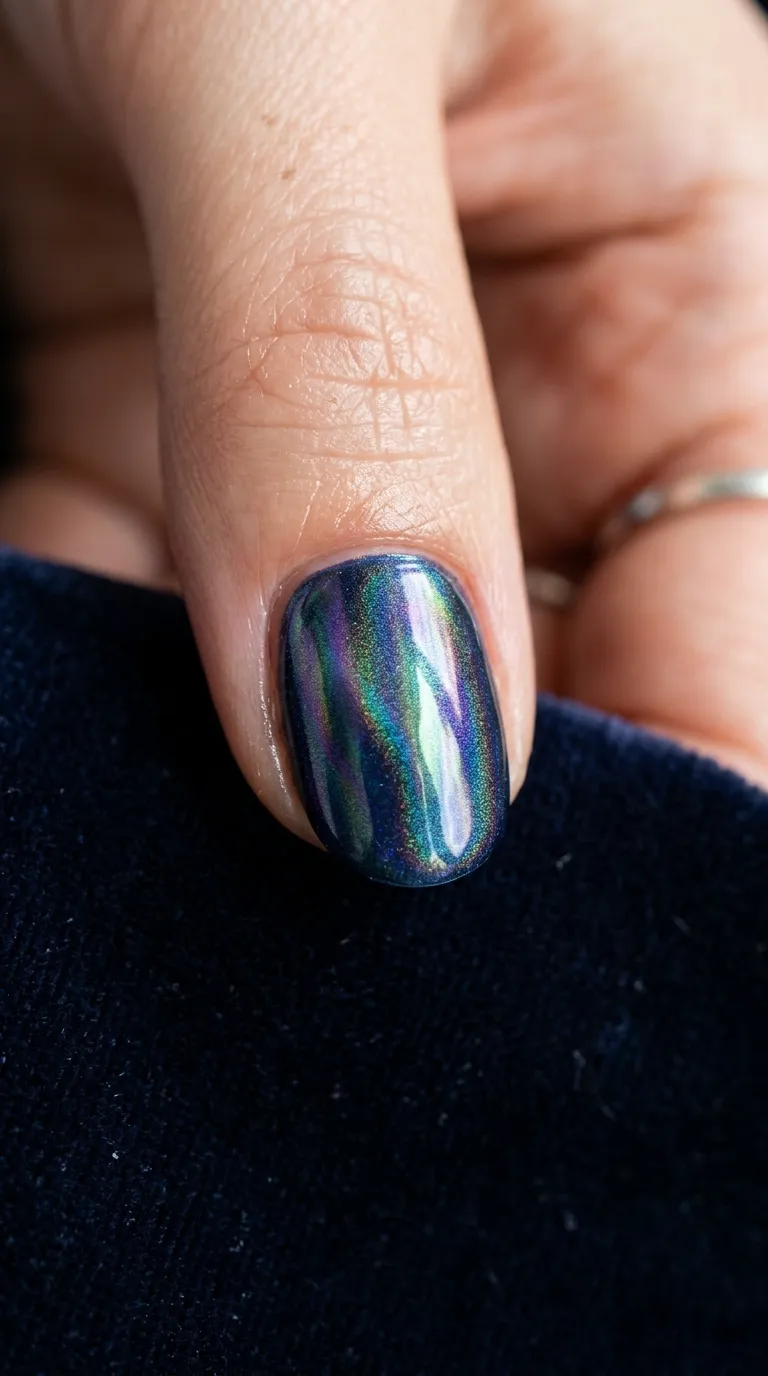 Aurora effect navy chrome nail finish