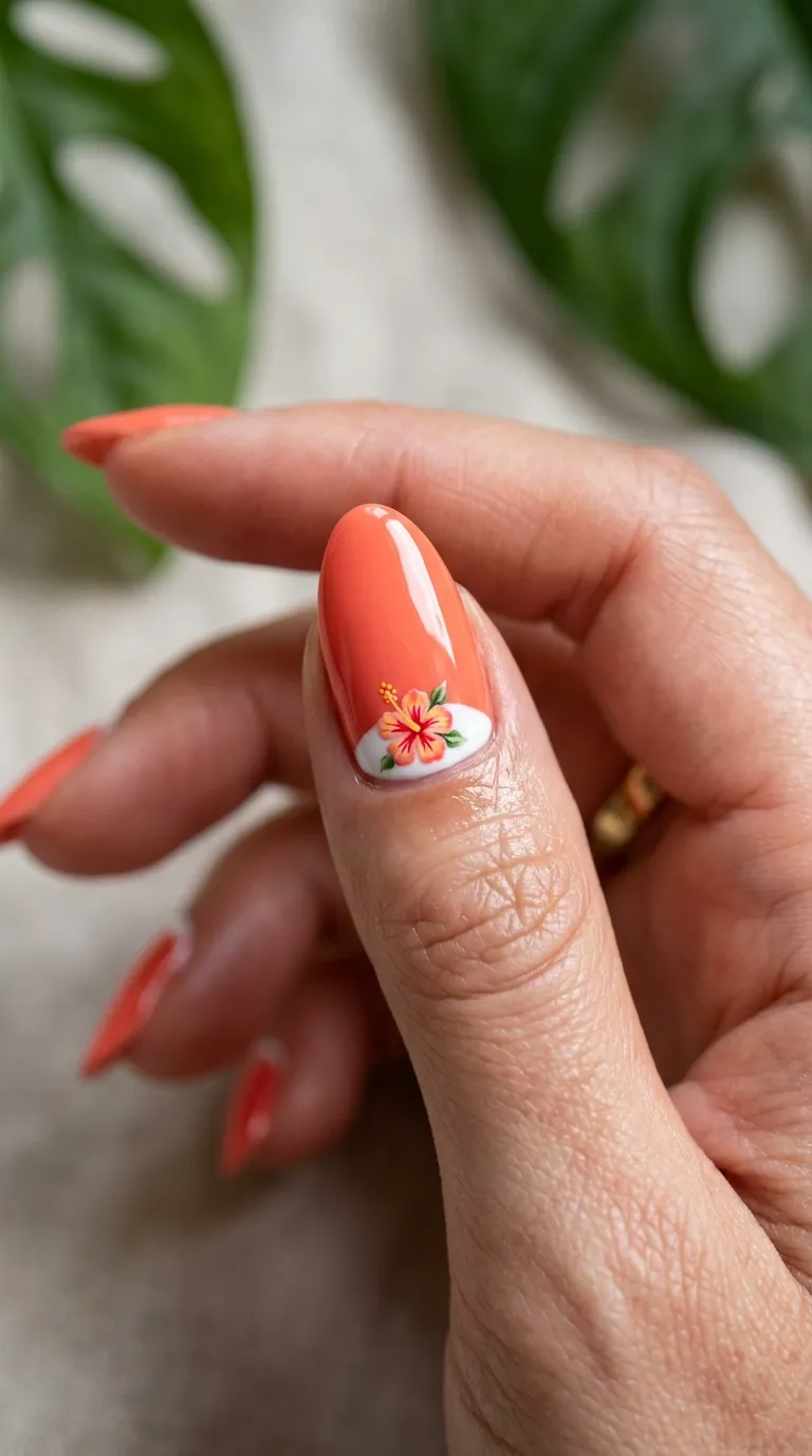 Hibiscus French reverse tropicoqueta nail in coral
