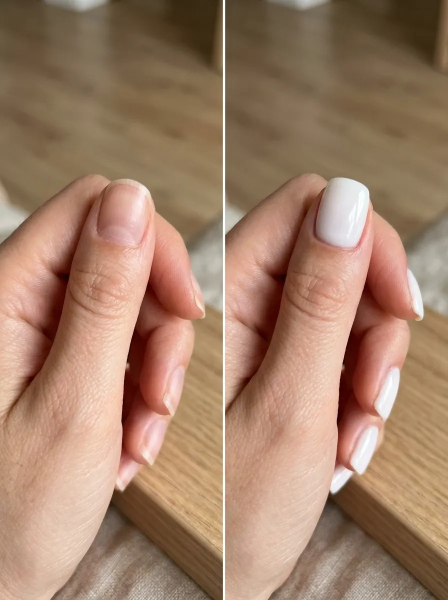 bare nail versus finished milky manicure before and after