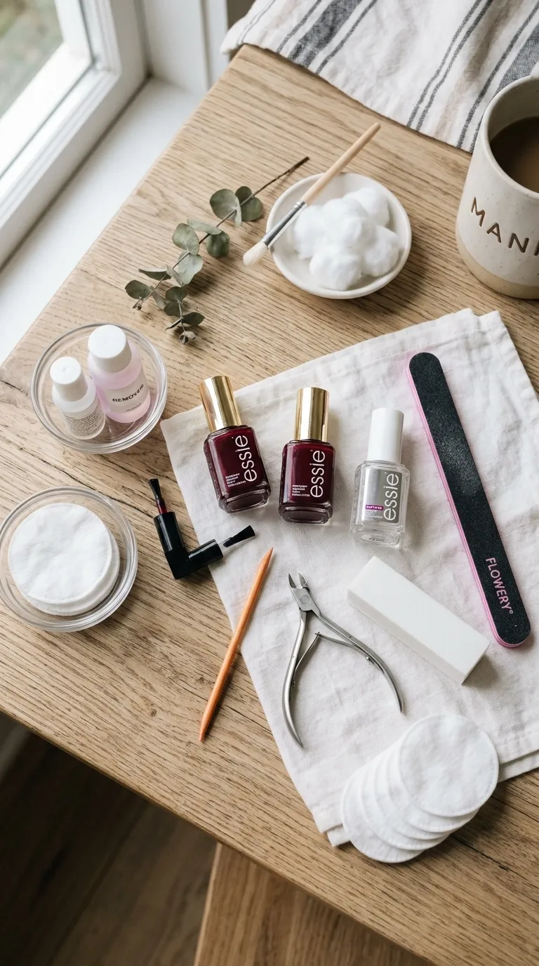 Manicure flat lay burgundy polish