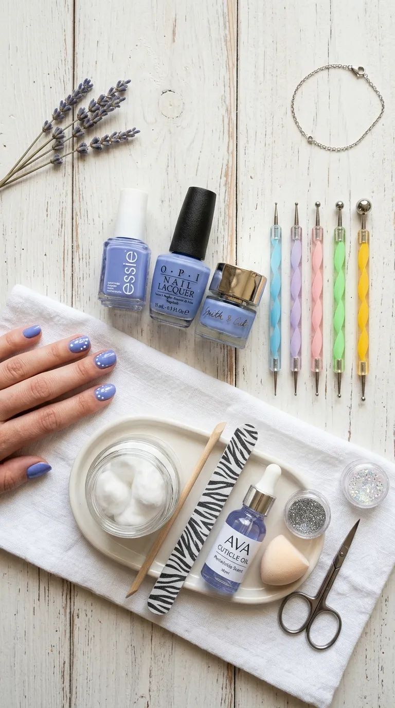 Manicure flat lay periwinkle polish