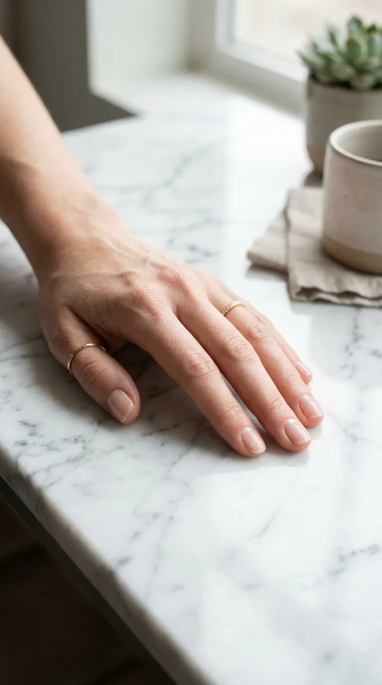 Sheer manicure on hand resting on marble