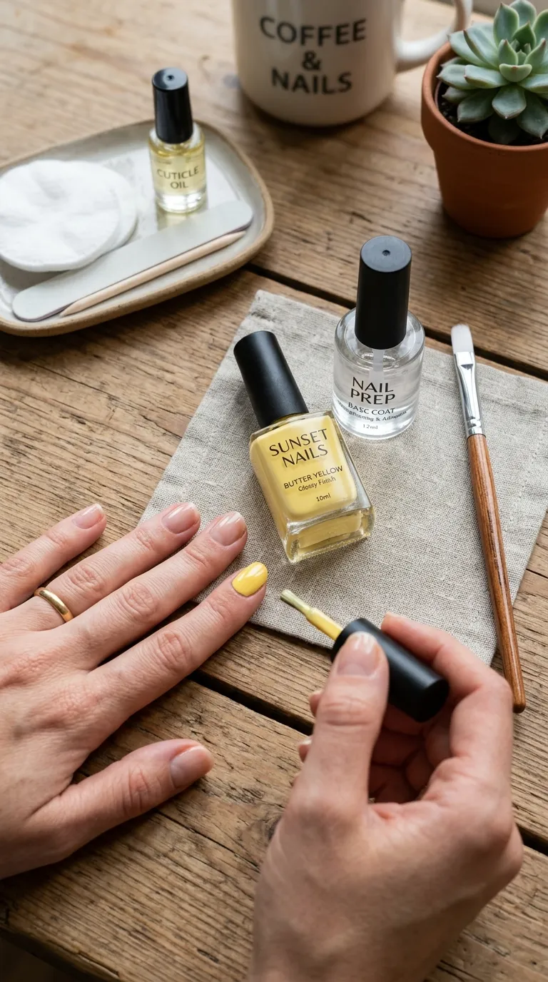 Manicure setup with butter yellow polish