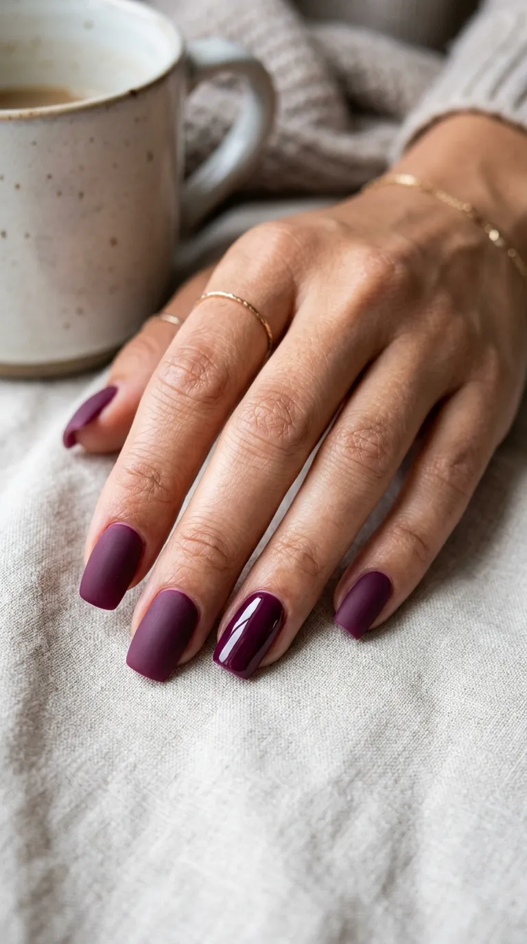 Matte plum nails glossy accent