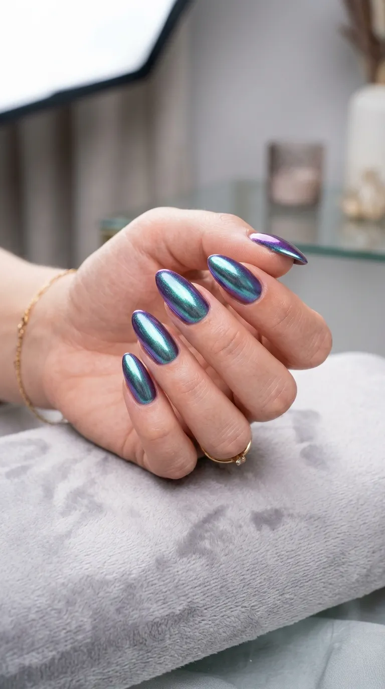 Mermaid chrome nails with color-shifting finish