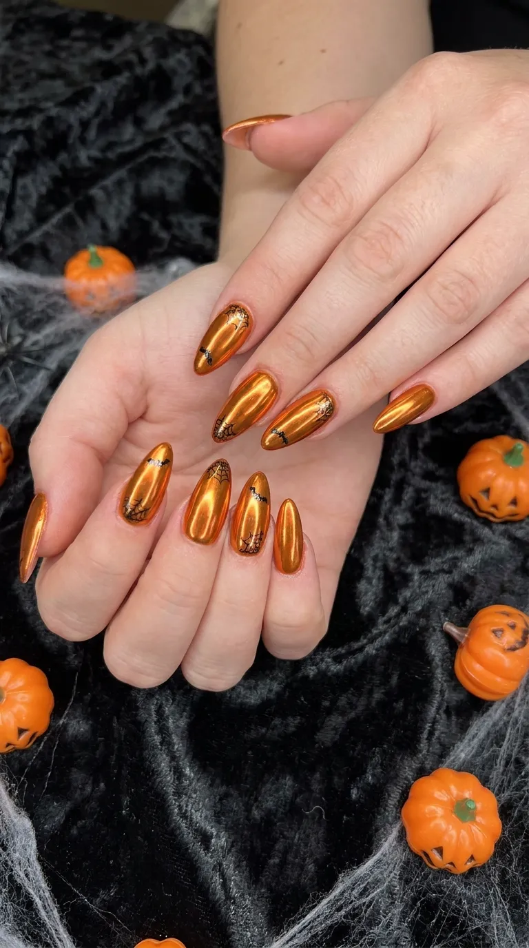 Orange metallic chrome Halloween nails