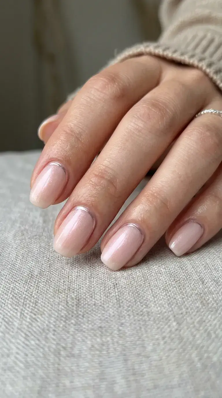 Micro-thin reverse French shimmer manicure