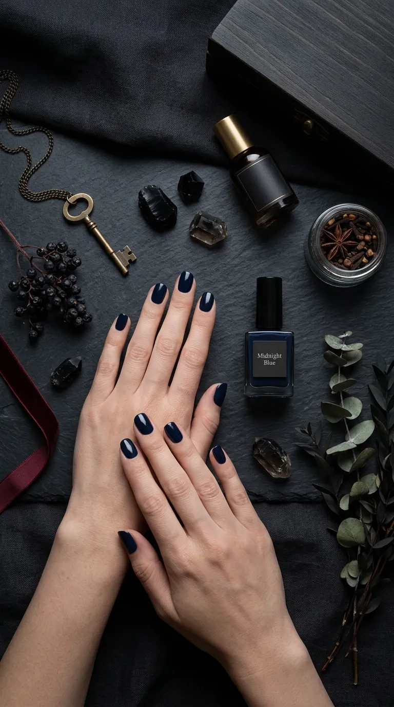 Midnight blue nails trend editorial flat lay