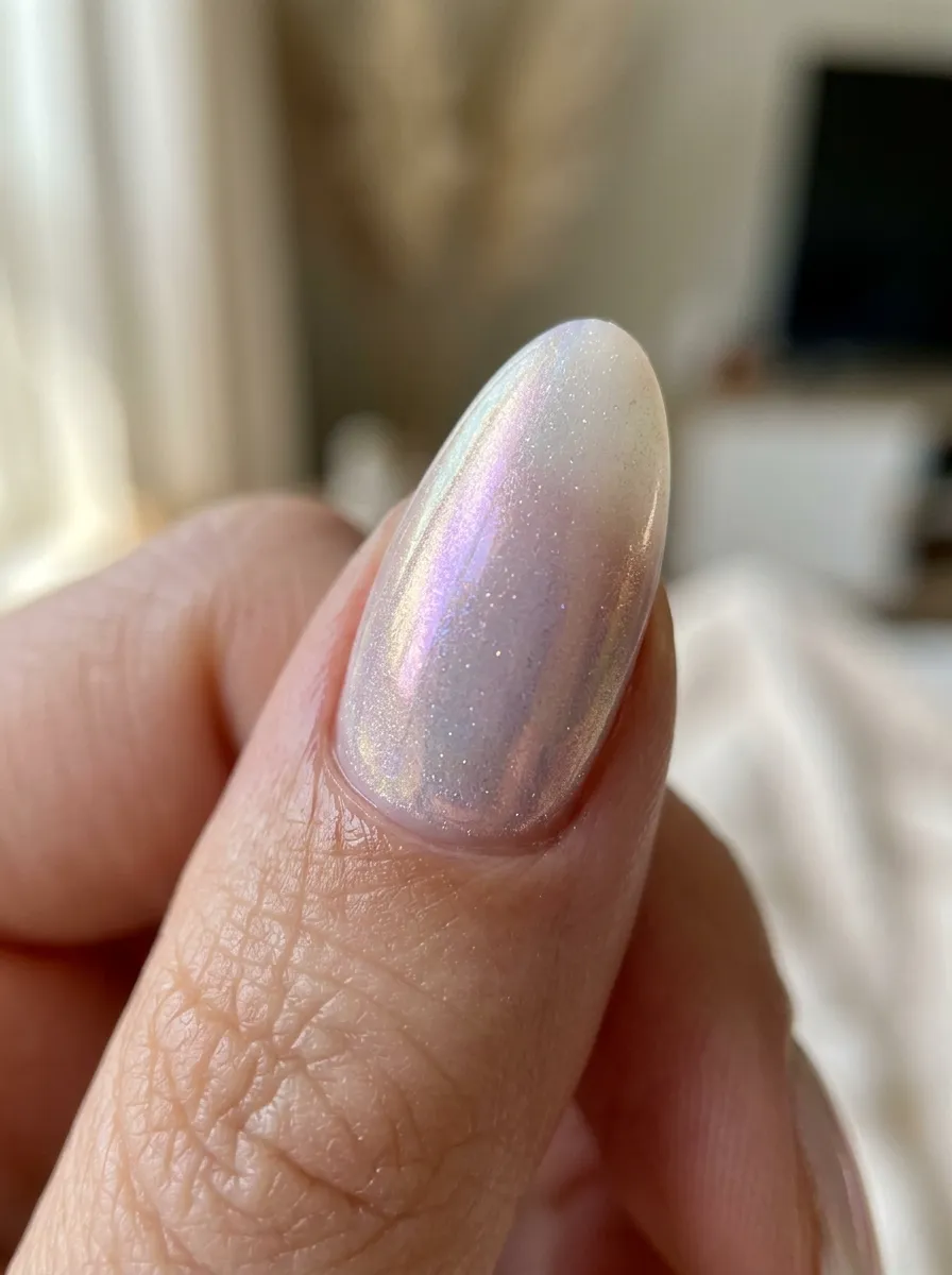 milky chrome nails detail close-up