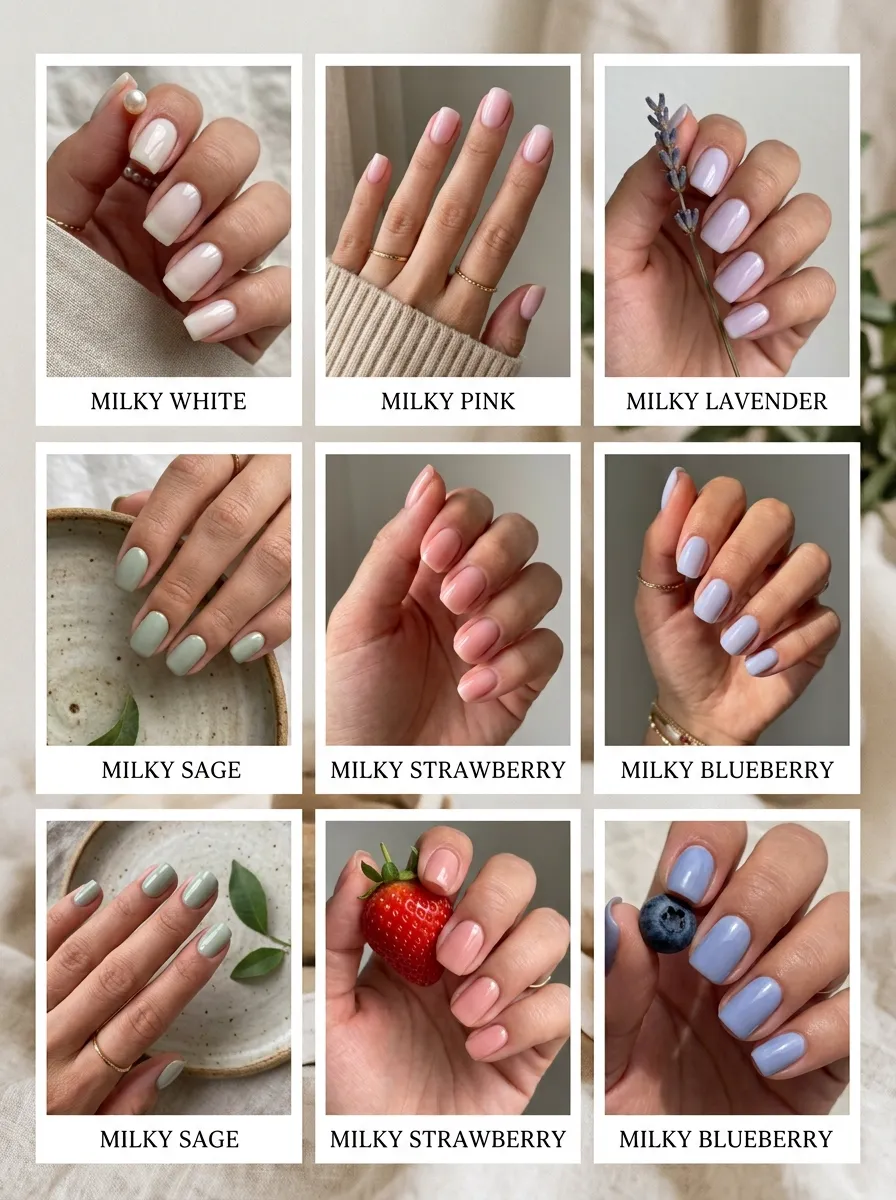 milky nail variations collage of white pink lavender sage strawberry and blueberry