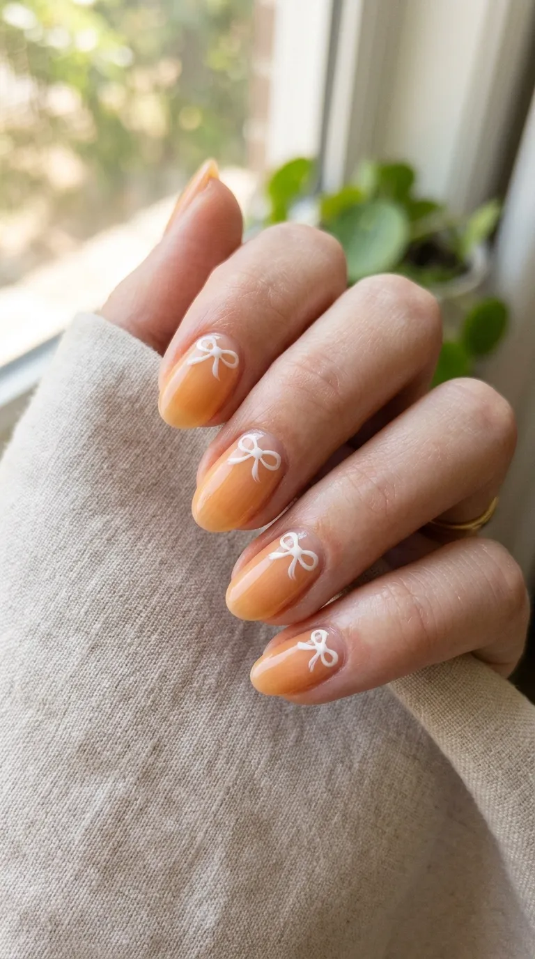 Mango milky tropicoqueta nails with a bow cuticle detail