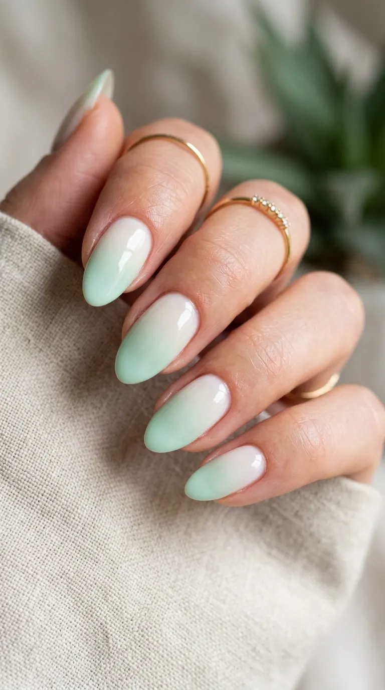 Milky white to mint fade nails