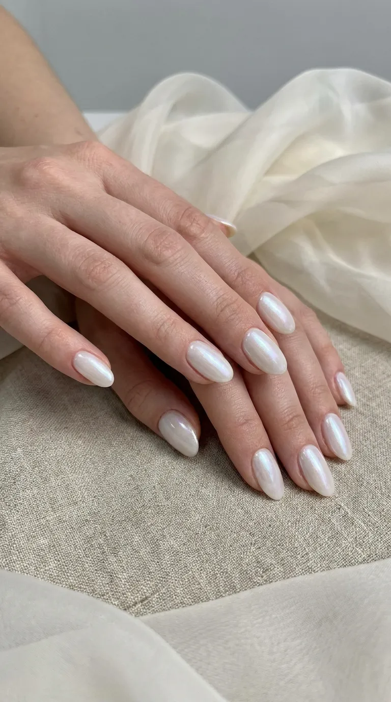 Milky white pearlescent manicure in soft studio light