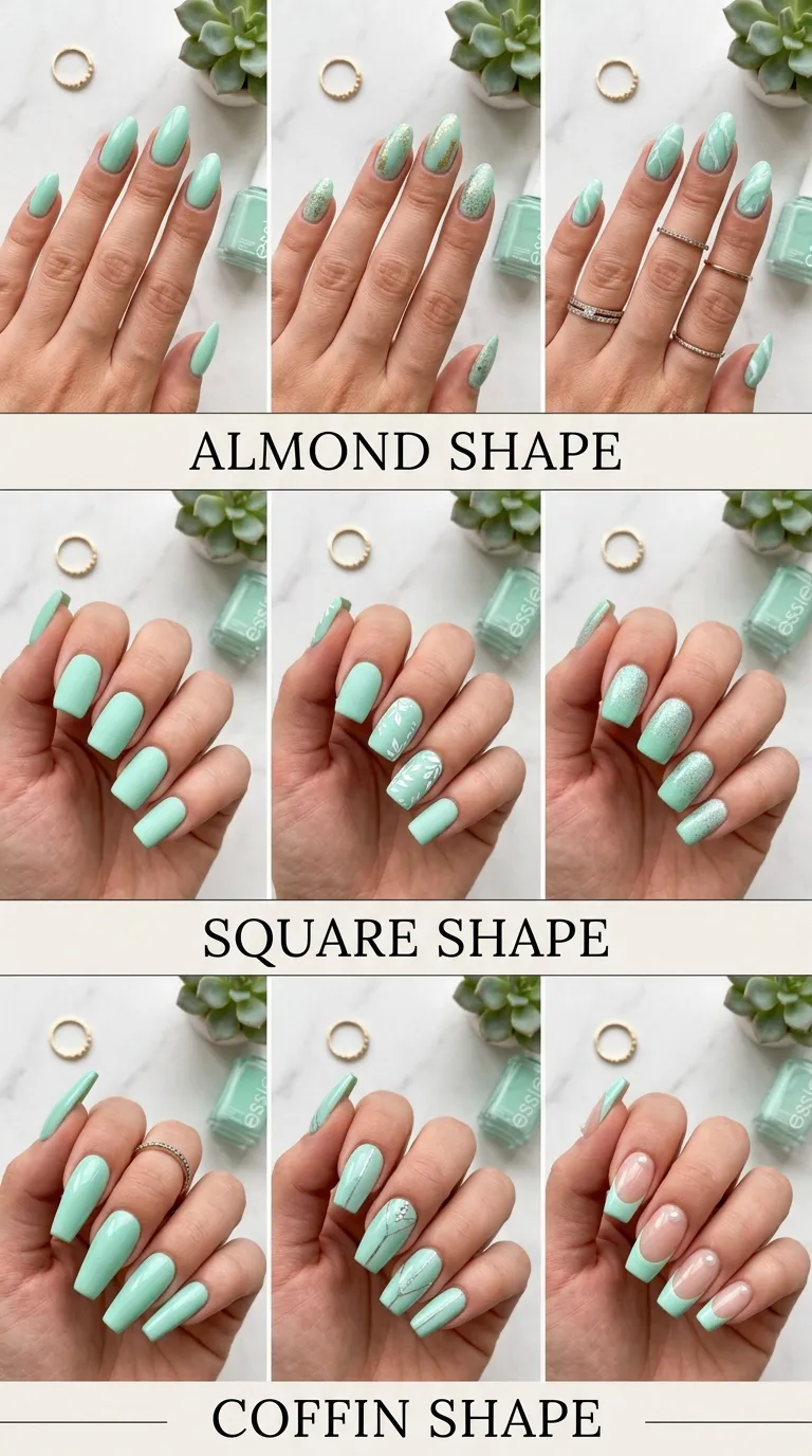 Mint green nails on different shapes