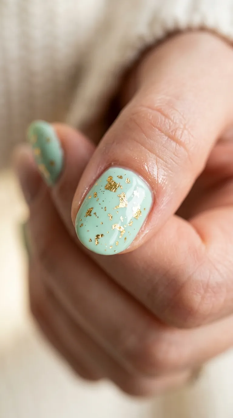 Mint green nails with gold foil detail