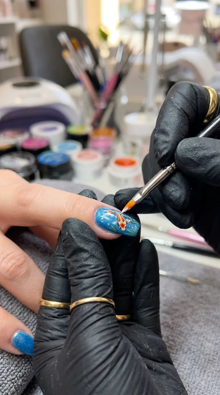 Nail artist painting fish details