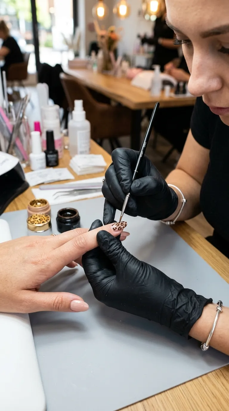 Nail artist painting animal print nail art