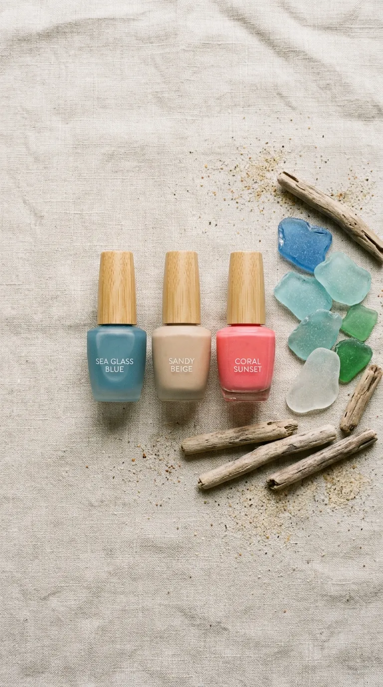 Flat lay of sea glass, sandy neutral and coral nail polish bottles with driftwood