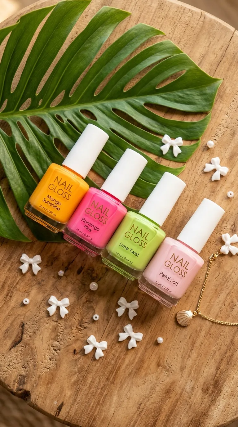 Flat lay of tropicoqueta nail polish bottles with bow charms and a palm leaf