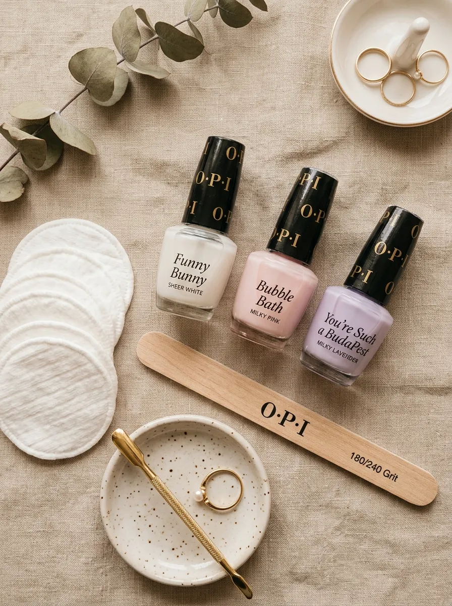 milky nail polish bottles flatlay with nail file