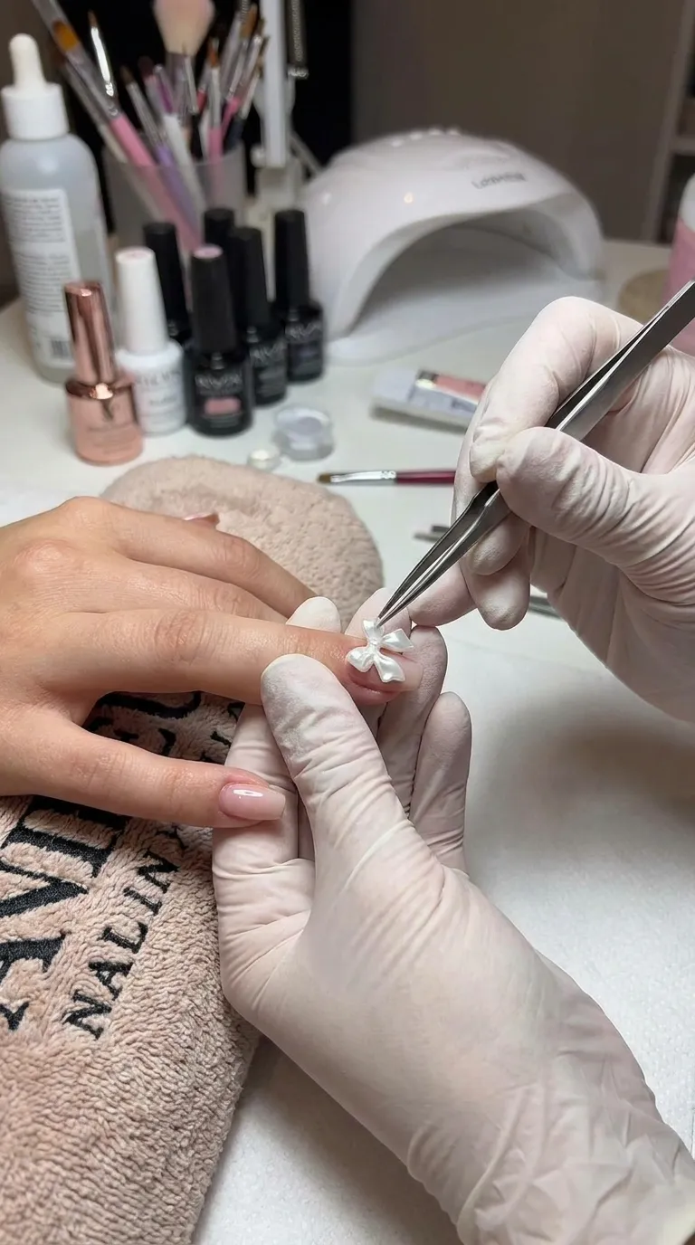 Nail tech applying 3D bow to nail