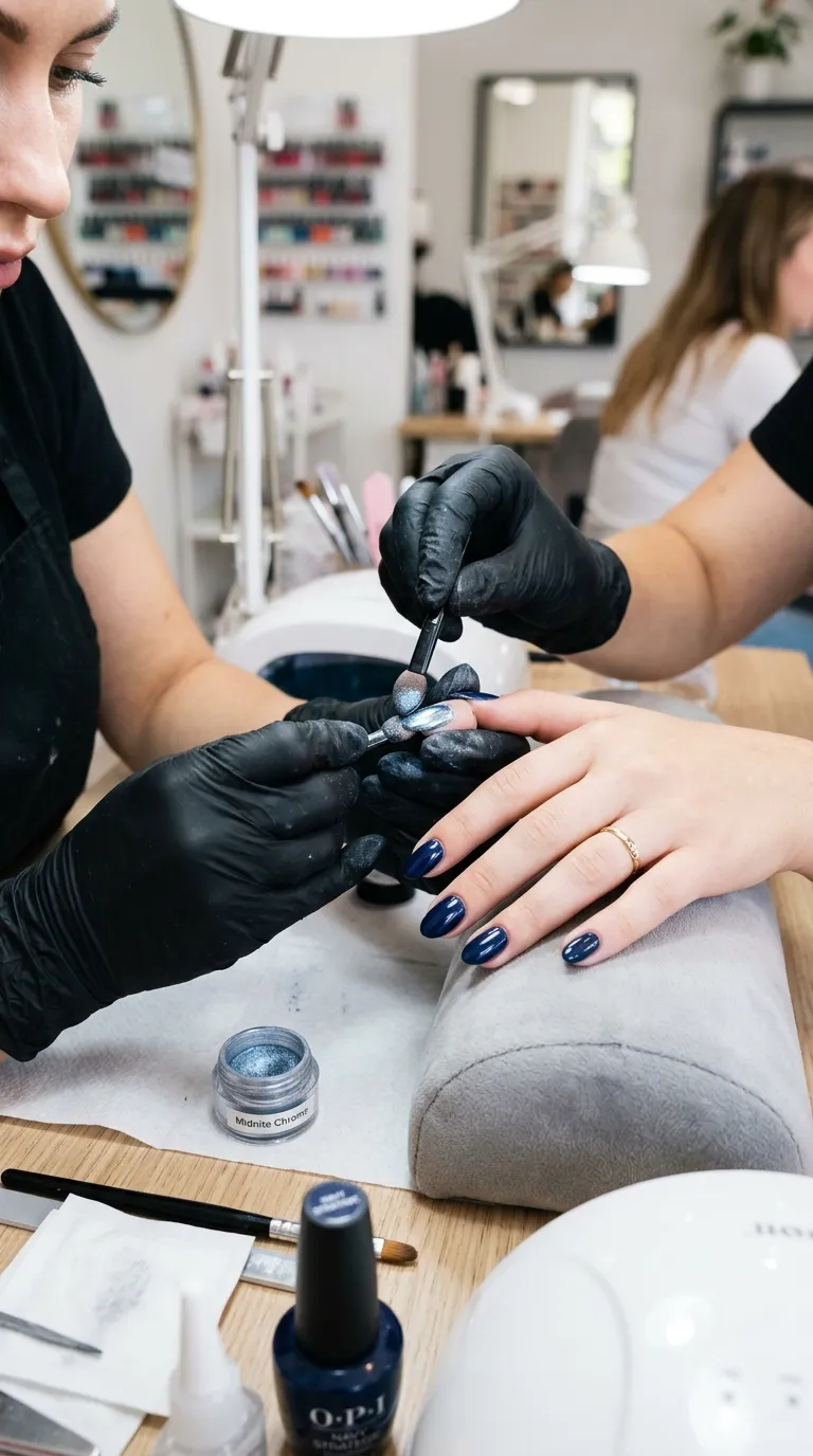 Applying chrome powder over navy gel nails