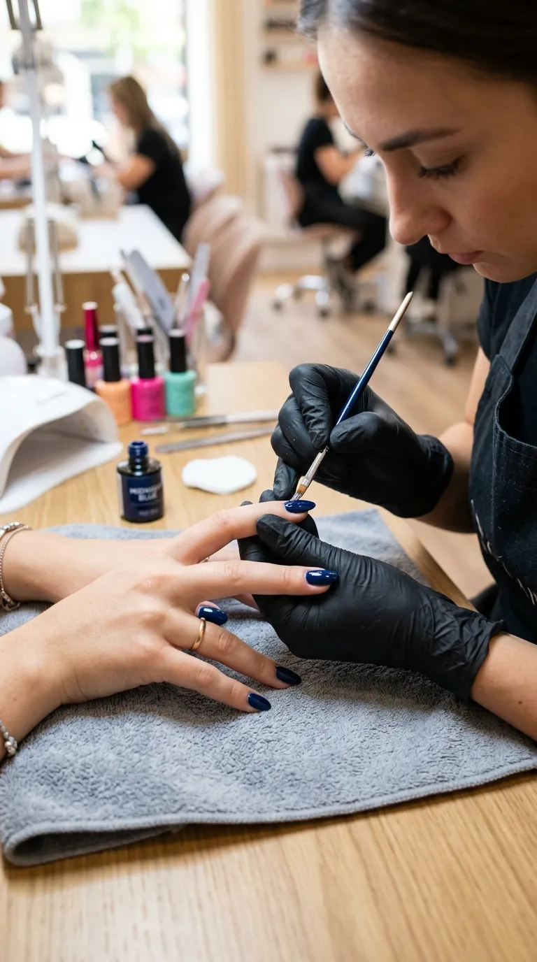Applying midnight blue nail polish technique