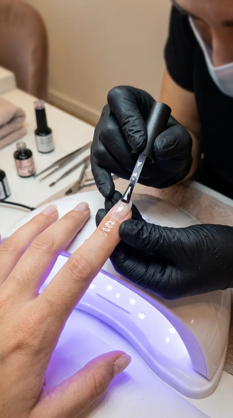 Nail artist applying gummy nails gel technique