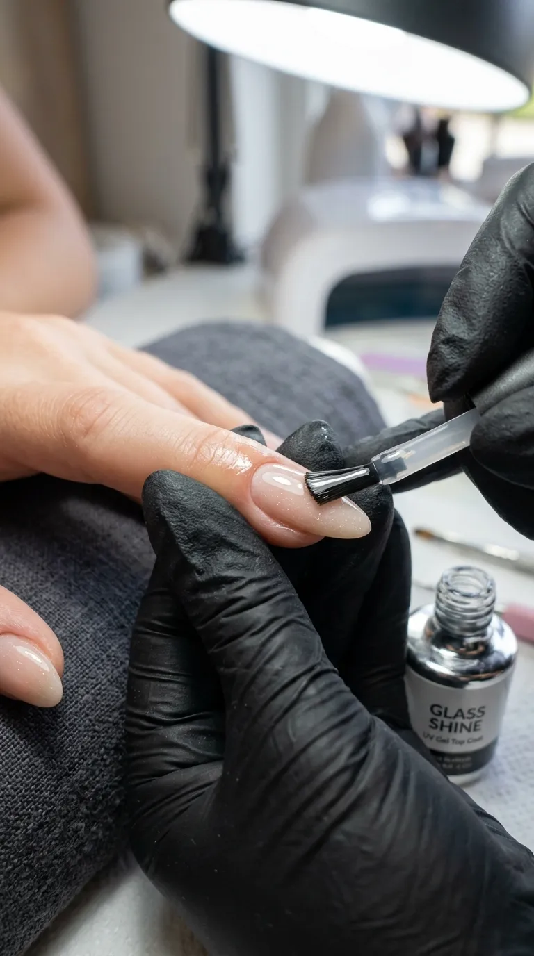 Nail tech applying top coat for manicure longevity