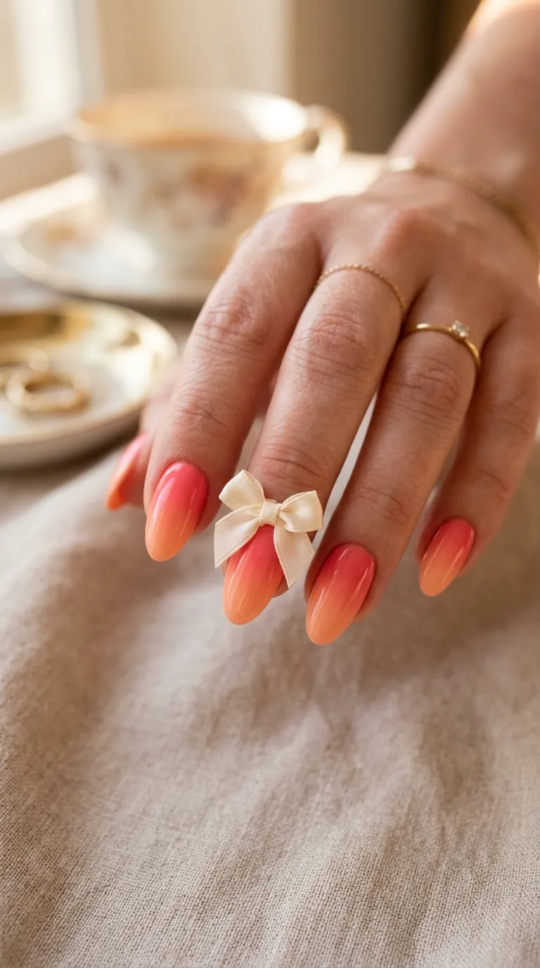 Coral sunset fade tropicoqueta nails with a satin bow