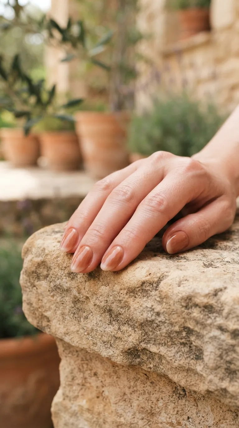 Terracotta milky Spain nails resting on a stone ledge