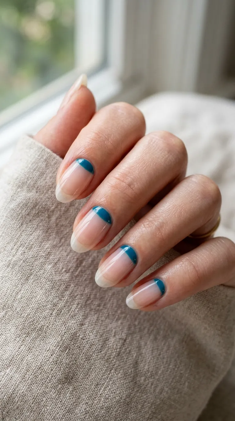 Reverse French horizon line surfside nails in ocean blue