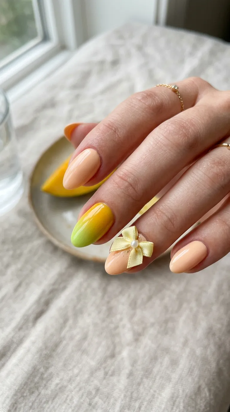 Citrus ombre tropicoqueta nails with a satin bow charm