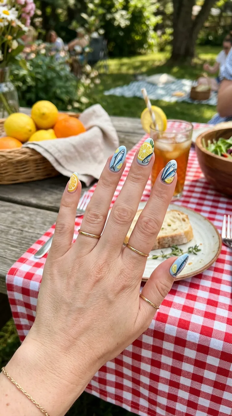Nails with painted sardines citrus