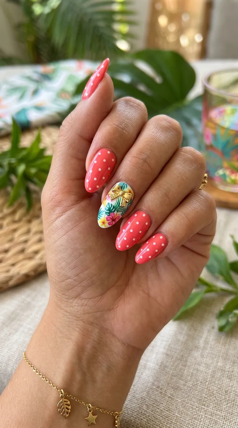 Polka dot tropical accent tropicoqueta nails on a coral base